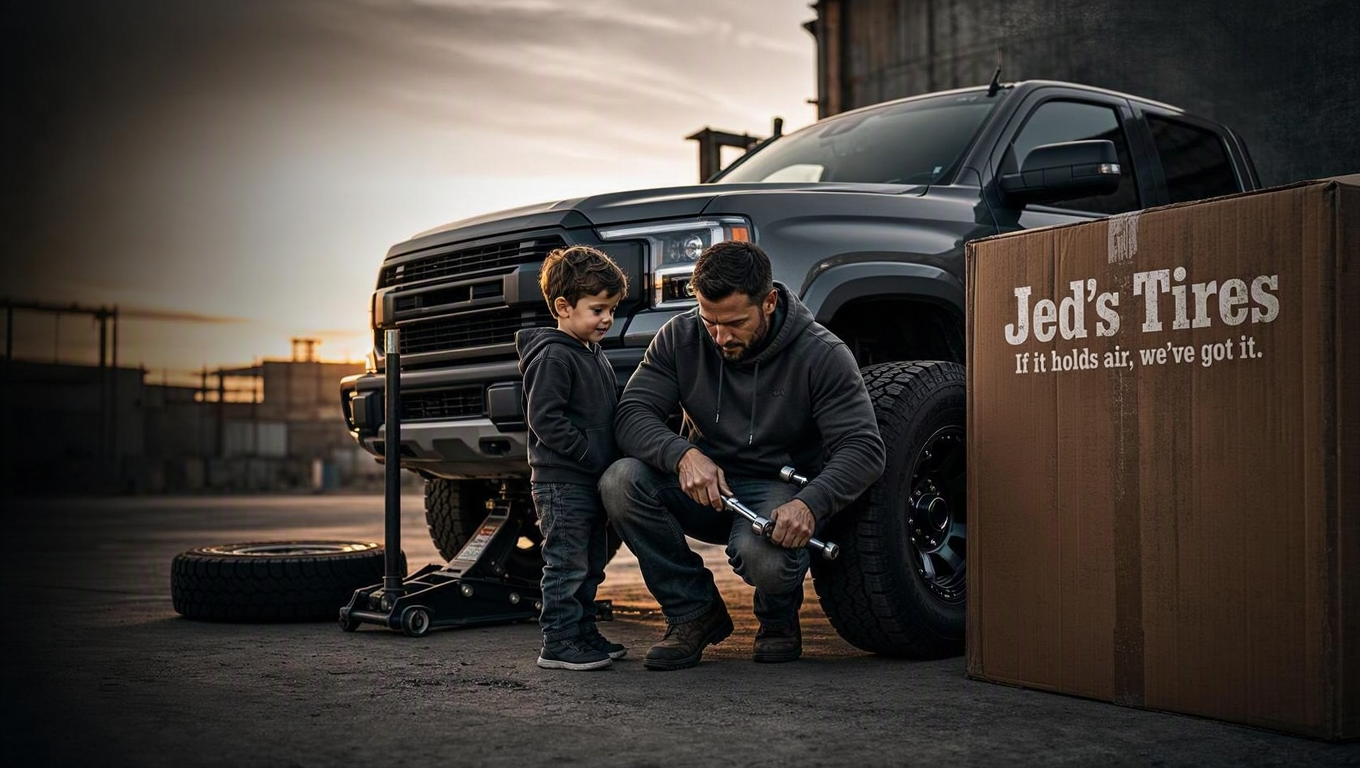 A father and son fitting a new tire to a pickup outside the Jed's Tires shop