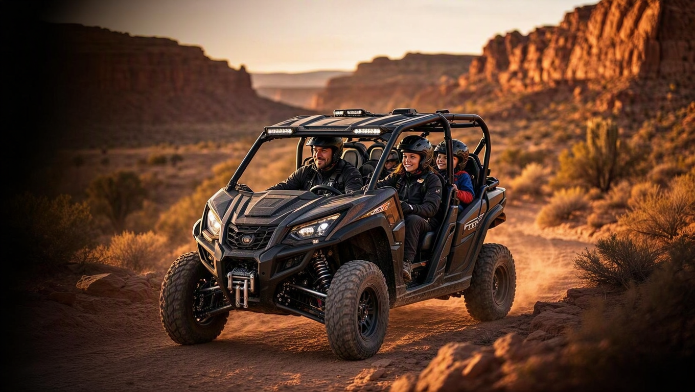 A family riding a side-by-side UTV through a desert canyon at sunset